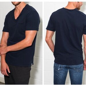 Mika Jaymes Men's Linen Blend Raw Edge Split V-Neck Tee Navy Sz XL